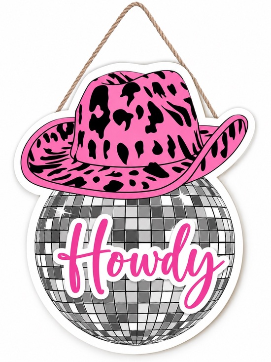 Other - Pink Leopard Cowboy Hat Disco Ball "Howdy" Door Hanger